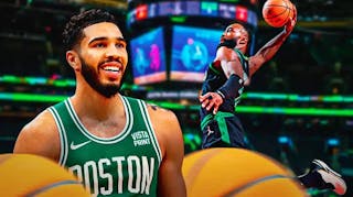 Celtics' Jaylen Brown dunking or in the air for a dunk next to a smiling Jayson Tatum.