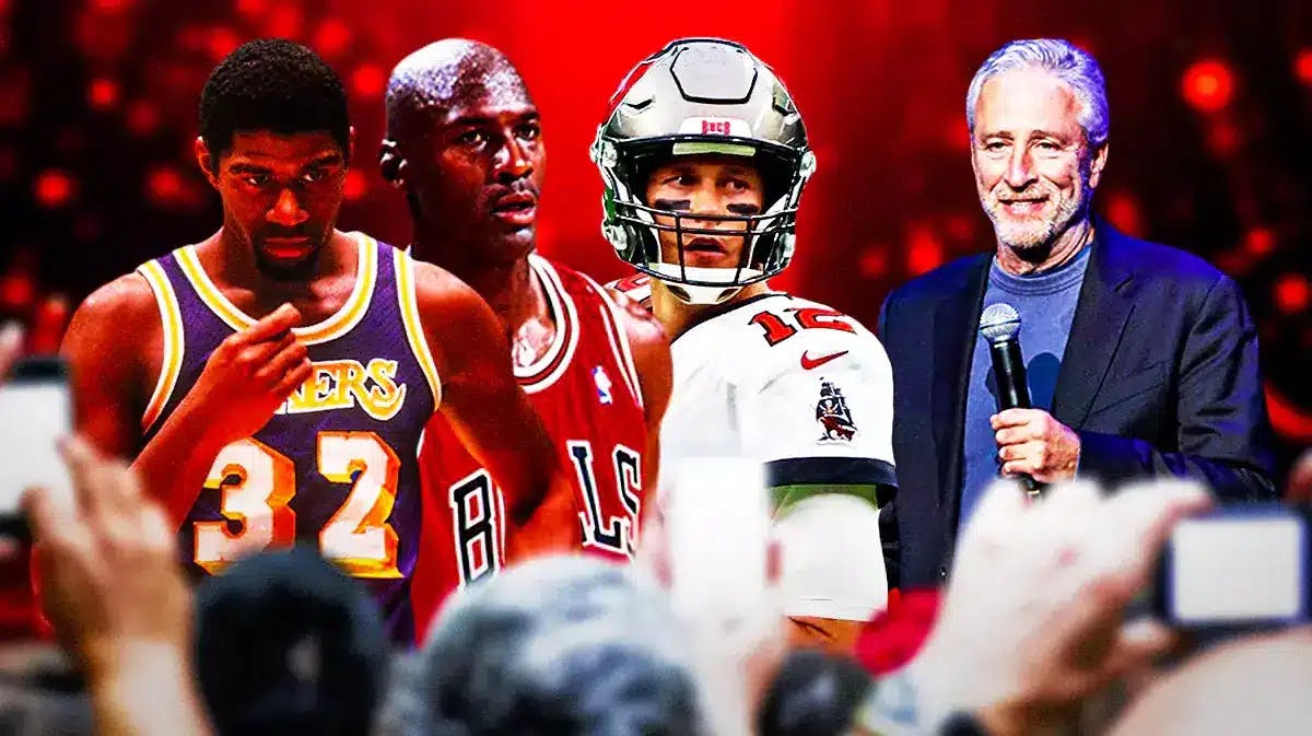 Jon Stewart from Daily Show episode last night, collaged with Michael Jordan’s first game back (wearing number 45), Tom Brady’s first game after unretiring from the Bucs, and Magic Johnson’s first game back after unretiring from the Lakers