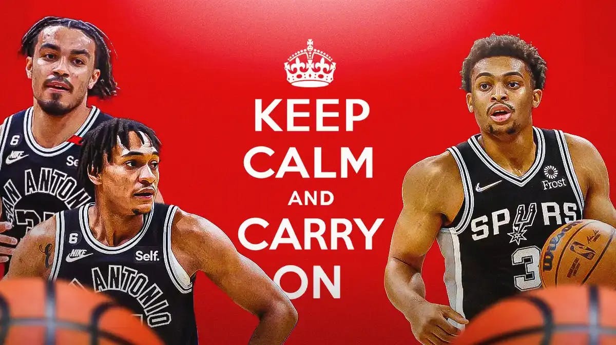 Spurs Tre Jones, Keldon Johnson, and Davin Vassell in front of a Keep Calm and Carry On background.