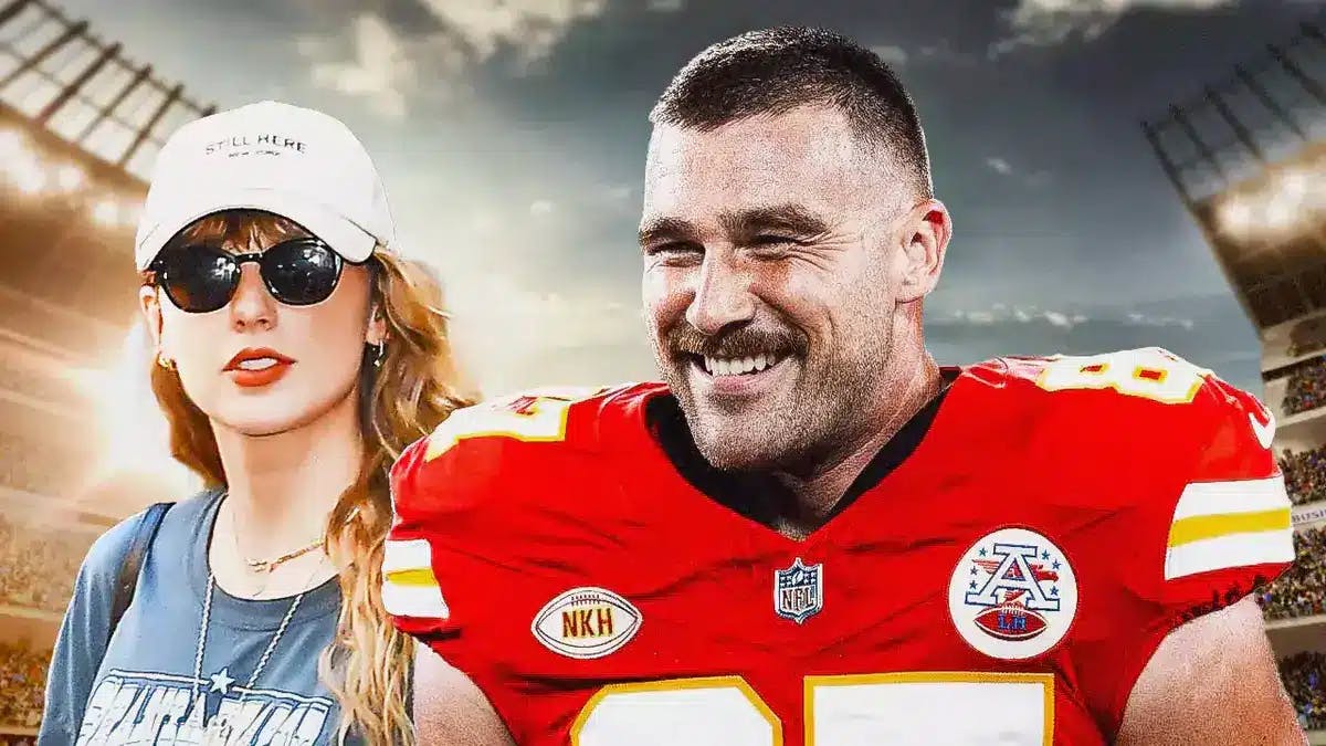 Taylor Swift and Travis Kelce with football stadium behind them