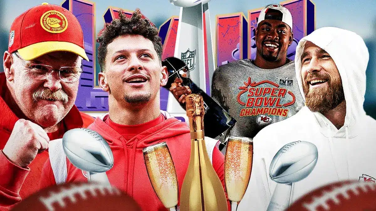 Patrick Mahomes, Travis Kelce, Andy Reed, Chris Jones on a parade float with ski goggles on and champagne bottles and Lombardi Trophies in hand. Super Bowl LVIII logo on graphic
