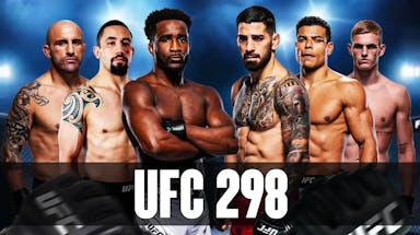Alexander Volkanovski, Robert Whittaker, Geoff Neal on one side. On the other side is Ilia Topuria, Paolo Costa, Ian Machado Garry. “UFC 298” at the bottom of the graphic
