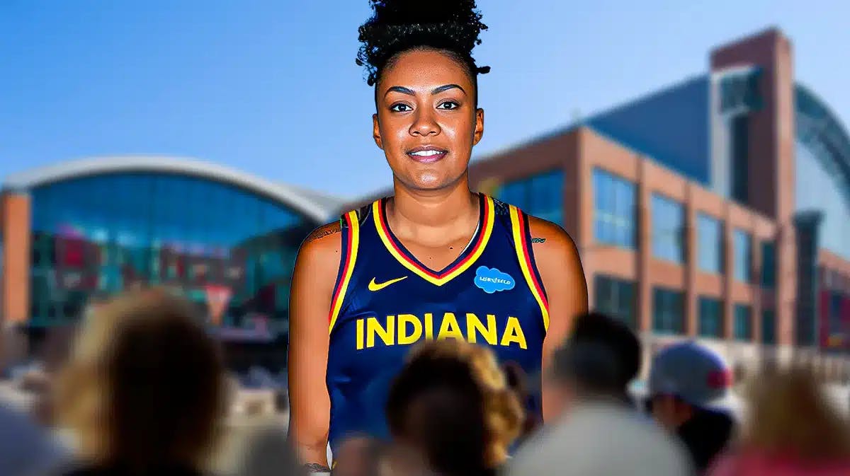 Damiris Dantas in an Indiana Fever jersey with the Fever arena in the background, WNBA free agency