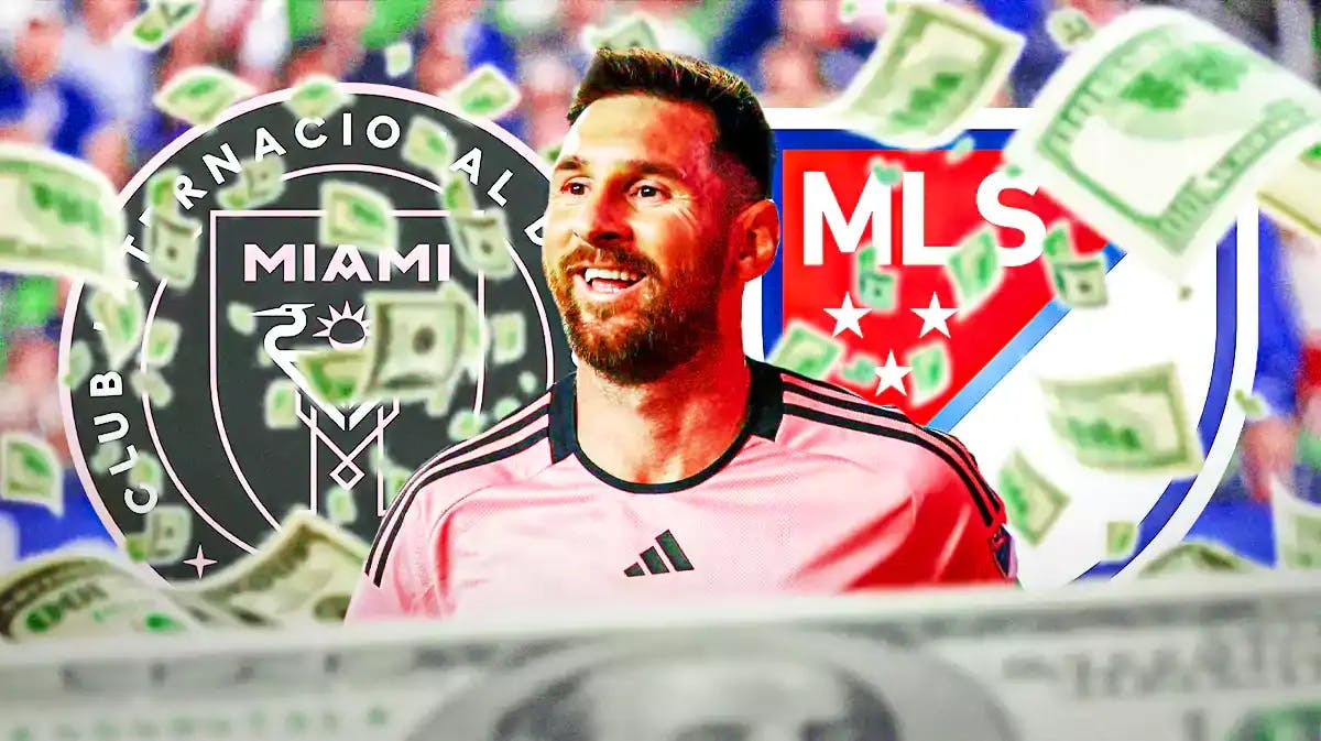 Lionel Messi in front of the Inter Miami and MLS logos, money falling from the air around him