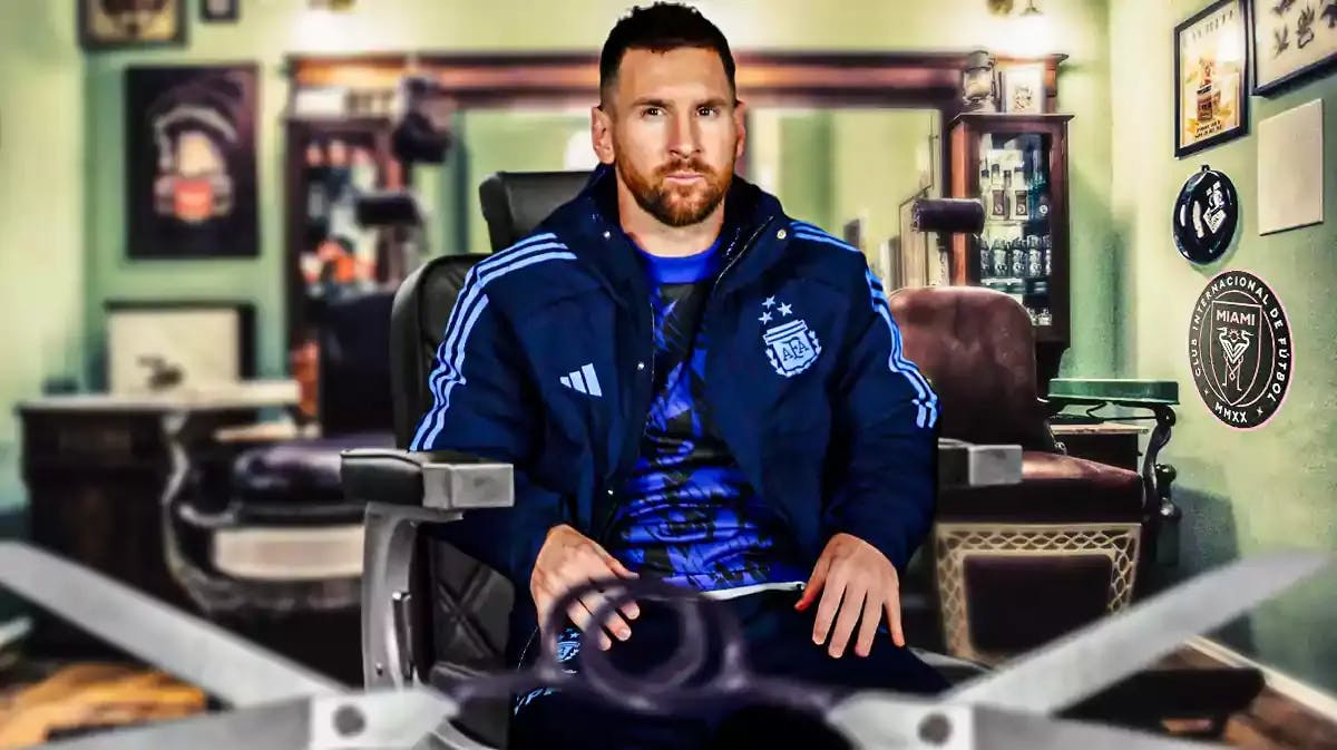 Lionel Messi sitting in a barber’s shop, the Inter Miami logo on the wall