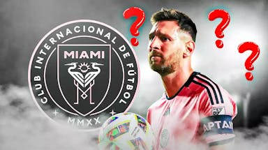 Lionel Messi in front of the Inter Miami logo, questionmarks in the air