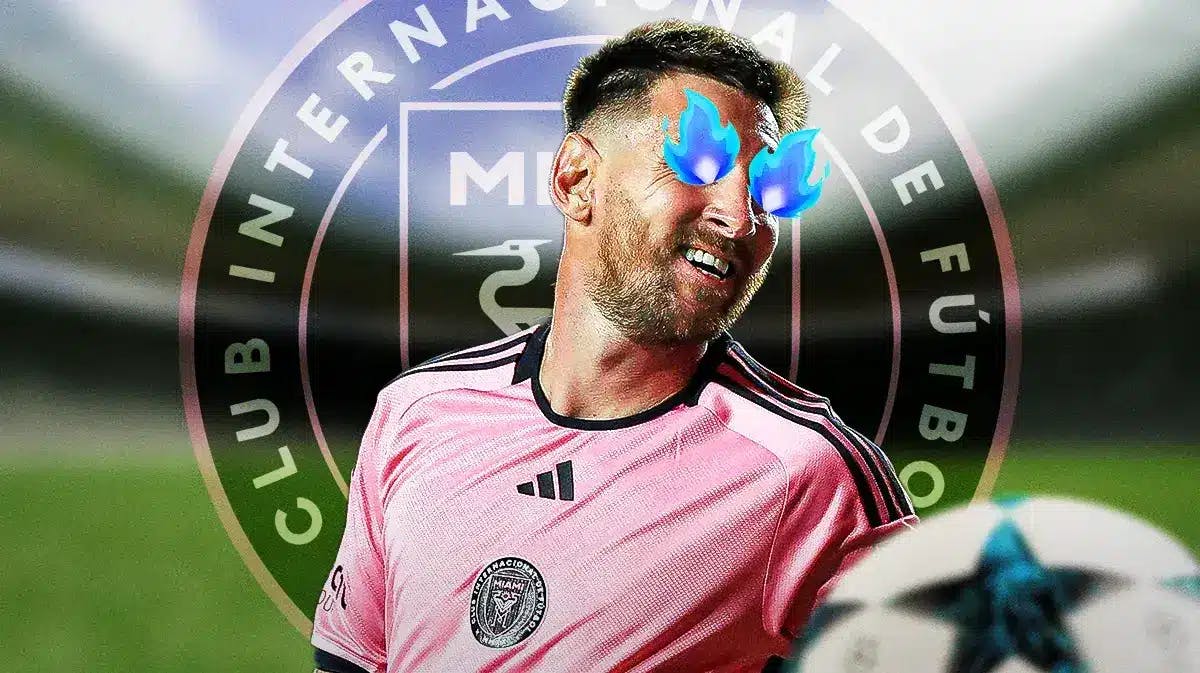 Lionel Messi celebrating on blue fire coming from his eyes and around him, in front of the Inter Miami logo MLS