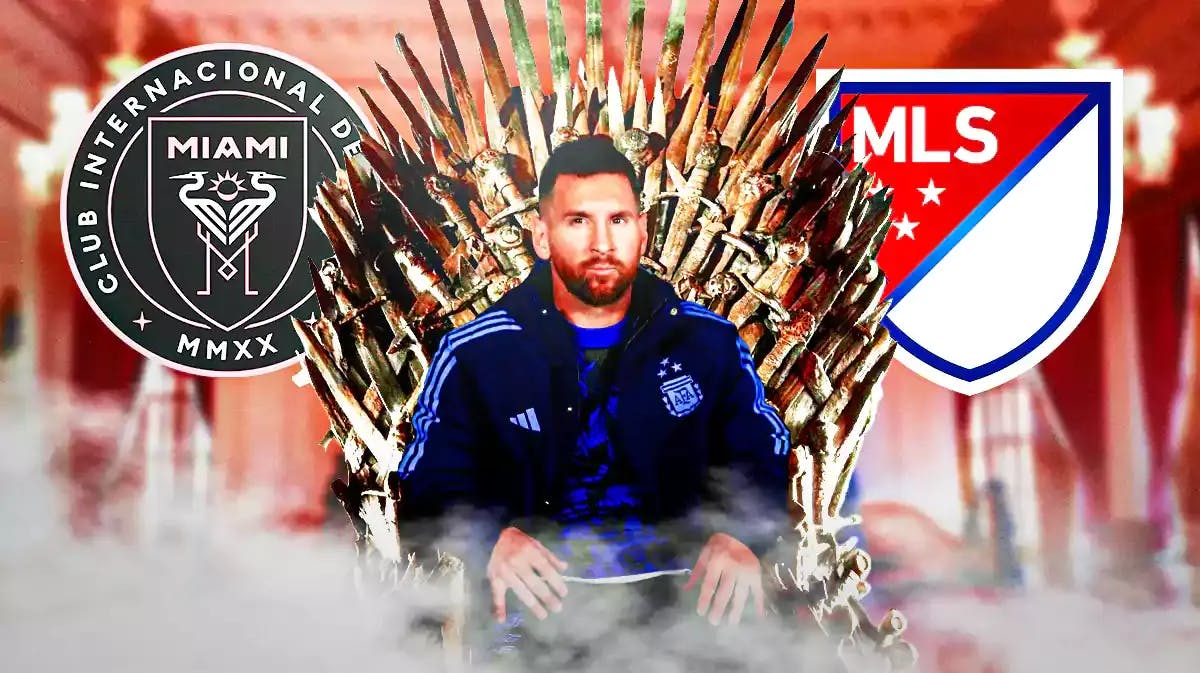 Lionel Messi sitting on the Iron throne in front of the Inter Miami and MLS logos
