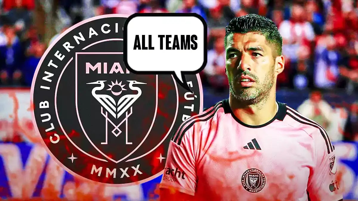 Luis Suarez saying: ‘All teams’ in front of the Inter Miami logo