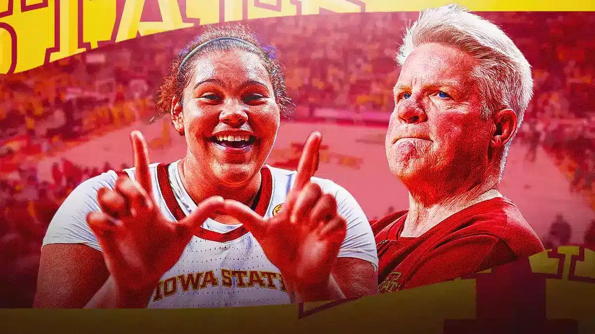 Iowa State women’s basketball Player Audi Crooks and Iowa State women’s basketball coach Bill Fennelly.