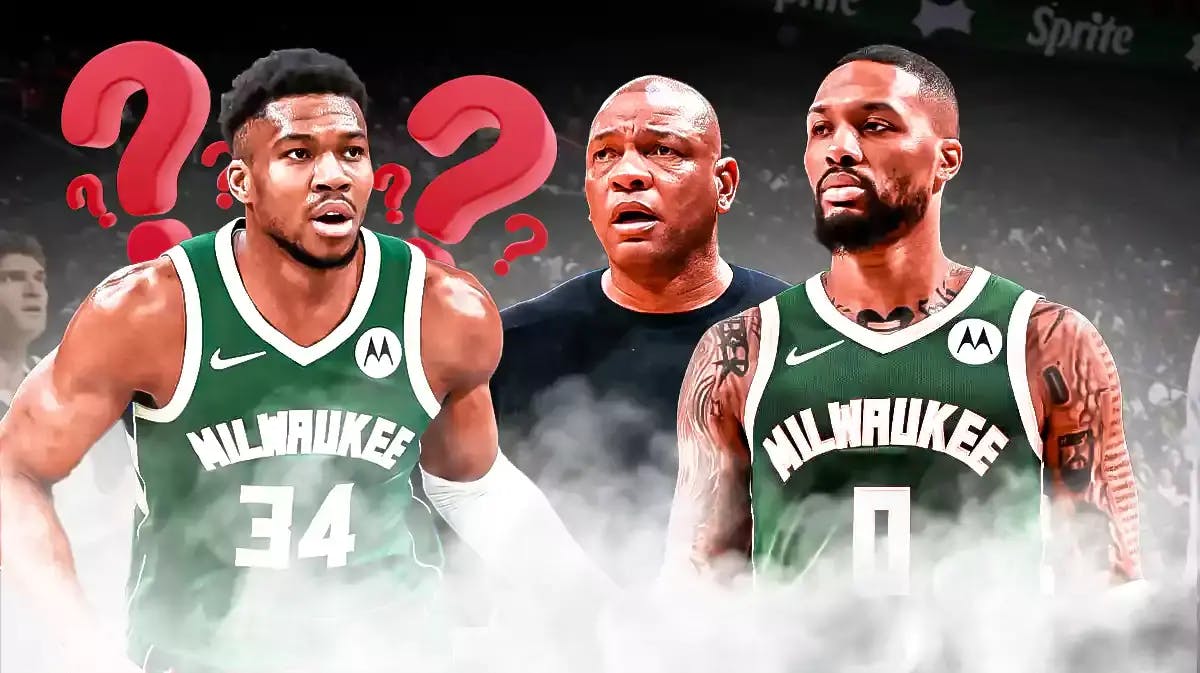 Bucks' Giannis Antetokounmpo with question marks next to Doc Rivers and Damian Lillard