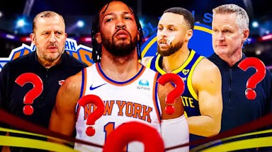 Knicks' Jalen Brunson next to Tom Thibodeau and Warriors' Stephen Curry and Steve Kerr