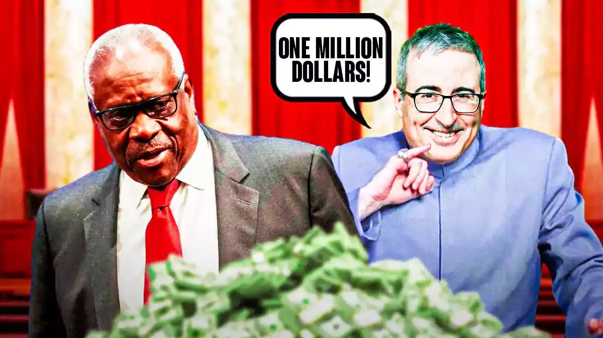 Pic of Supreme Court justice Clarence Thomas alongside a pic of John Oliver’s head on Dr. Evil’s body, and Oliver has a speech bubble “One million dollars!”