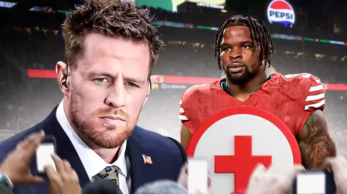 JJ watt (former player) looking serious with Dre Greenlaw (49ers) with medical cross symbol)