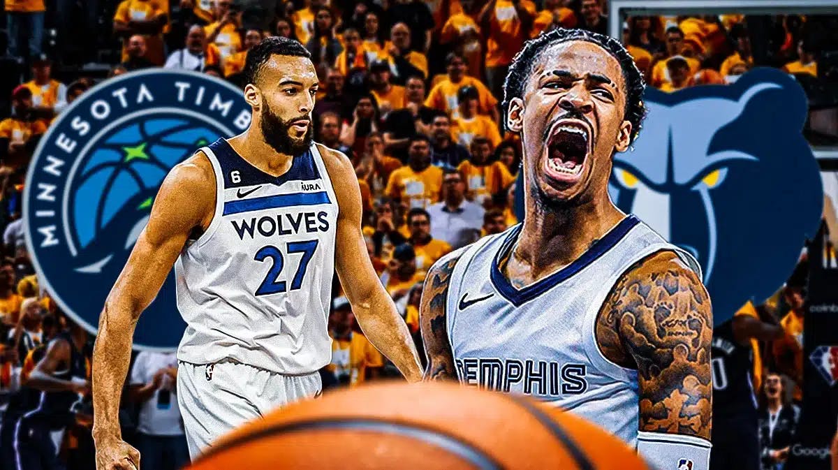 Ja Morant opposite Rudy Gobert with the Grizzlies and Timberwolves logos in the background, airball