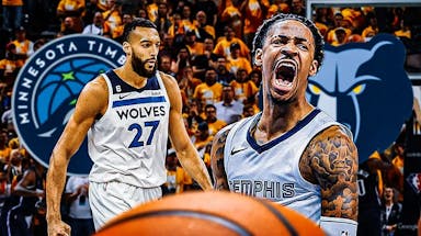 Ja Morant opposite Rudy Gobert with the Grizzlies and Timberwolves logos in the background, airball