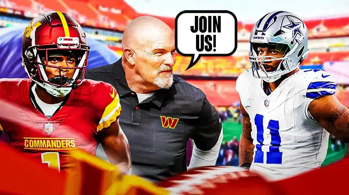 Jahan Dotson and Dan Quinn (in Washington Commanders gear) on one side with a speech bubble that says “Join us!”, Micah Parsons on the other side