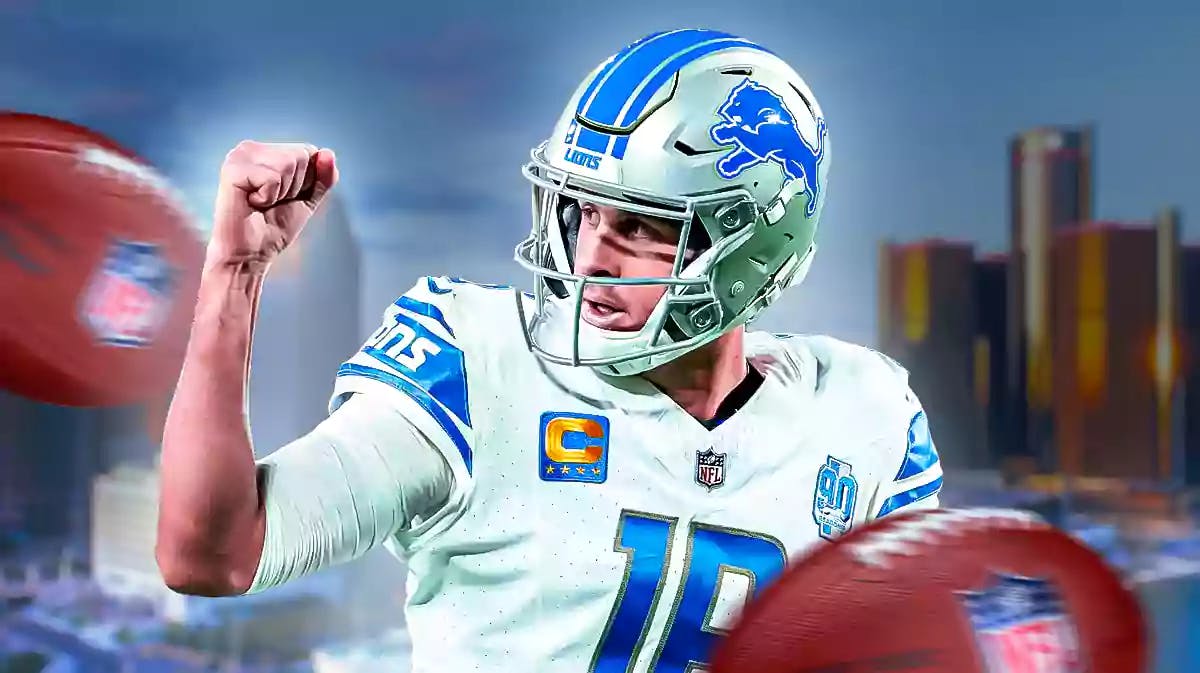 Lions, Jared Goff, 49ers, Jared Goff Lions, Lions 49ers, Jared Goff in Lions uni with Detroit skyline in the background