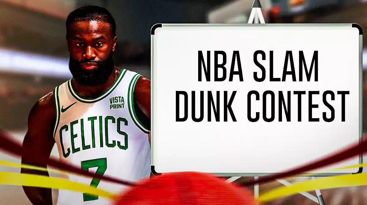 Boston Celtics star Jaylen Brown, with NBA Slam Dunk Contest sign next to him.