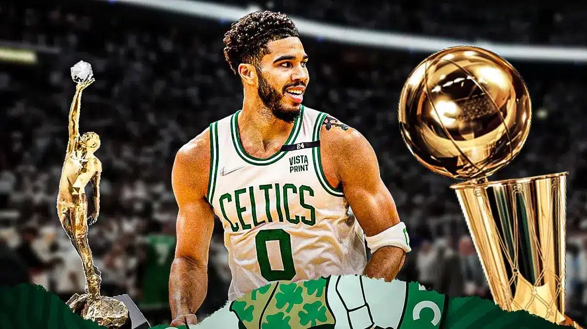 Celtics' Jason Tatum smiling with the Larry O’Brien trophy to his right and the Jordan MVP trophy to his left. Ideally, make it look like Tatum is facing towards the Larry O’Brien trophy. Background could be anything really, maybe a basketball court