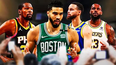 LeBron James, Stephen Curry, and Kevin Durant looking serious behind Jayson Tatum looking hyped.