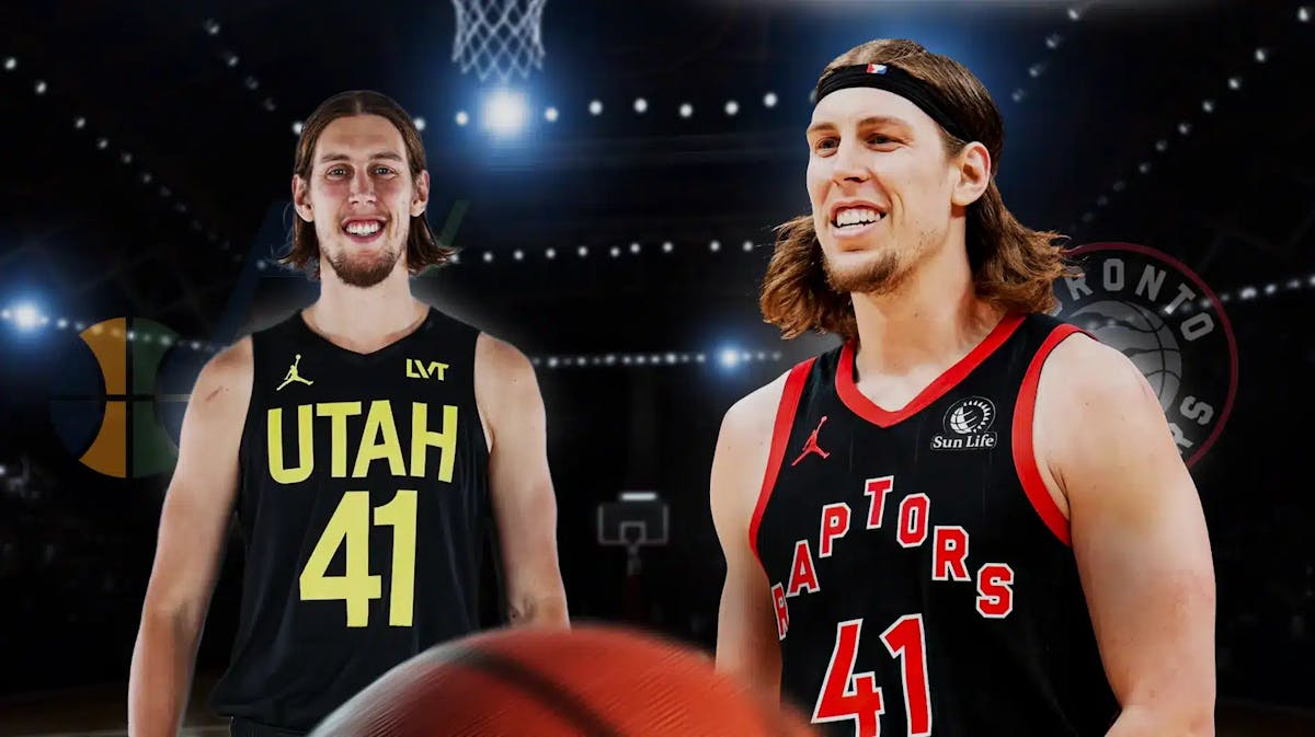 A double image of Kelly Olynyk, one of him in his old Jazz jersey and another of him in his new Raptors jersey