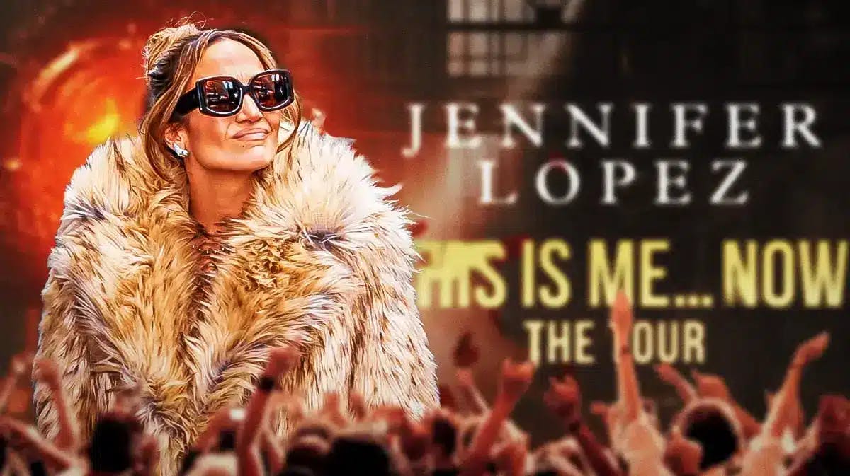 Jennifer Lopez with This Is Me Now tour poster.