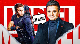 Jeremy Renner with a text bubble saying I'm game next to an image of his Hawkeye and the Marvel Studios logo in the background
