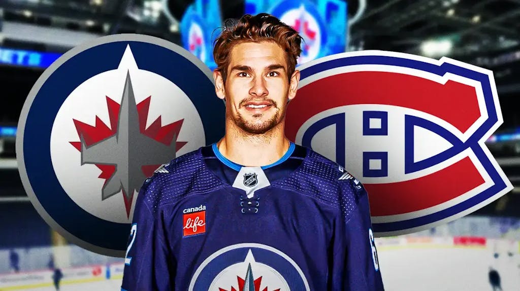 Sean Monahan in a Winnipeg Jets jersey looking happy, Winnipeg Jets and Montreal Canadiens logos, hockey rink in background