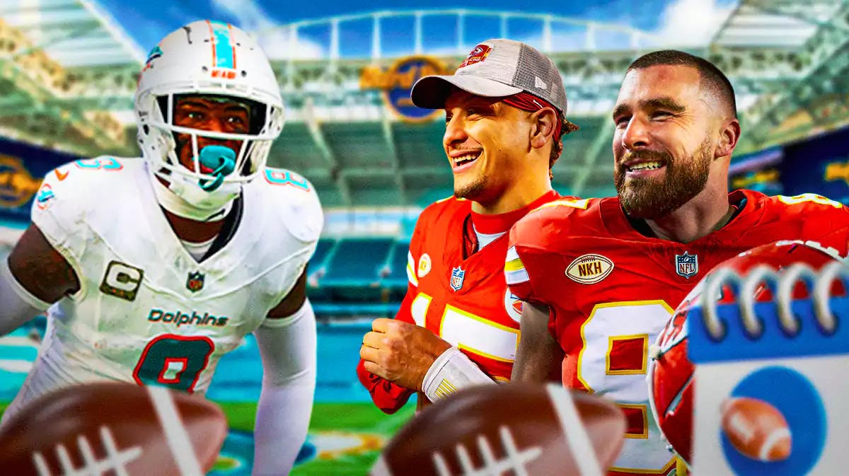 Dolphins' Jevon Holland and Chiefs' Patrick Mahomes and Travis Kelce