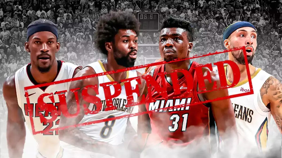 Heat's Jimmy Butler, Thomas Bryant and Pelicans' Naji Marshall, Jose Alvarado with "SUSPENDED" label for Heat-Pelicans fight