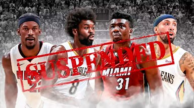 Heat's Jimmy Butler, Thomas Bryant and Pelicans' Naji Marshall, Jose Alvarado with "SUSPENDED" label for Heat-Pelicans fight