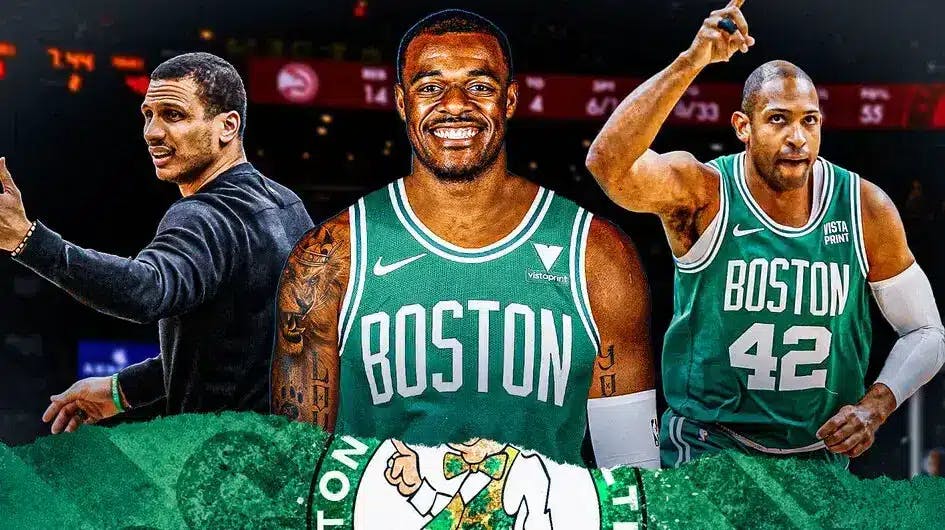 Xavier Tillman in a Celtics jersey next to a happy looking Joe Mazzulla and Al Horford on a basketball court background