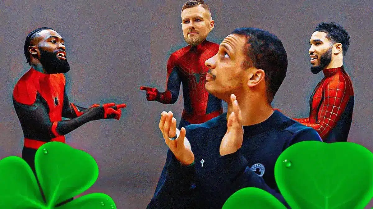 Celtics players as Spider-Men with Joe Mazzulla