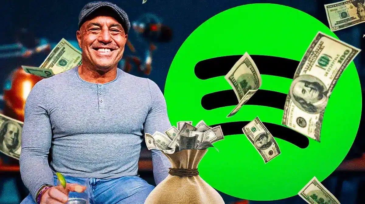 Joe Rogan with Spotify logo and money.