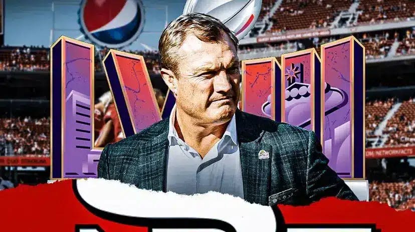 49ers GM John Lynch stands in front of Super Bowl 58 logo, Arik Armstead and Javon Hargrave play in the background