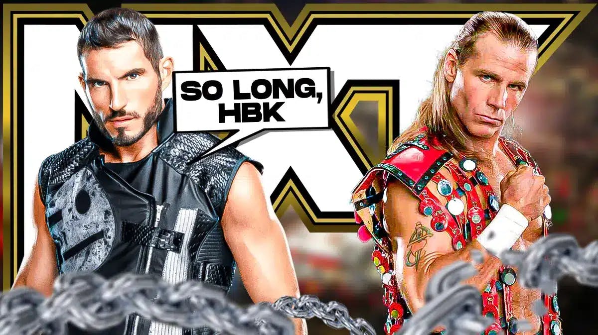 Johnny Gargano with a text bubble reading “So long, HBK” next to Shawn Michaels with the NXT logo as the background.