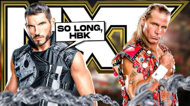 Johnny Gargano with a text bubble reading “So long, HBK” next to Shawn Michaels with the NXT logo as the background.