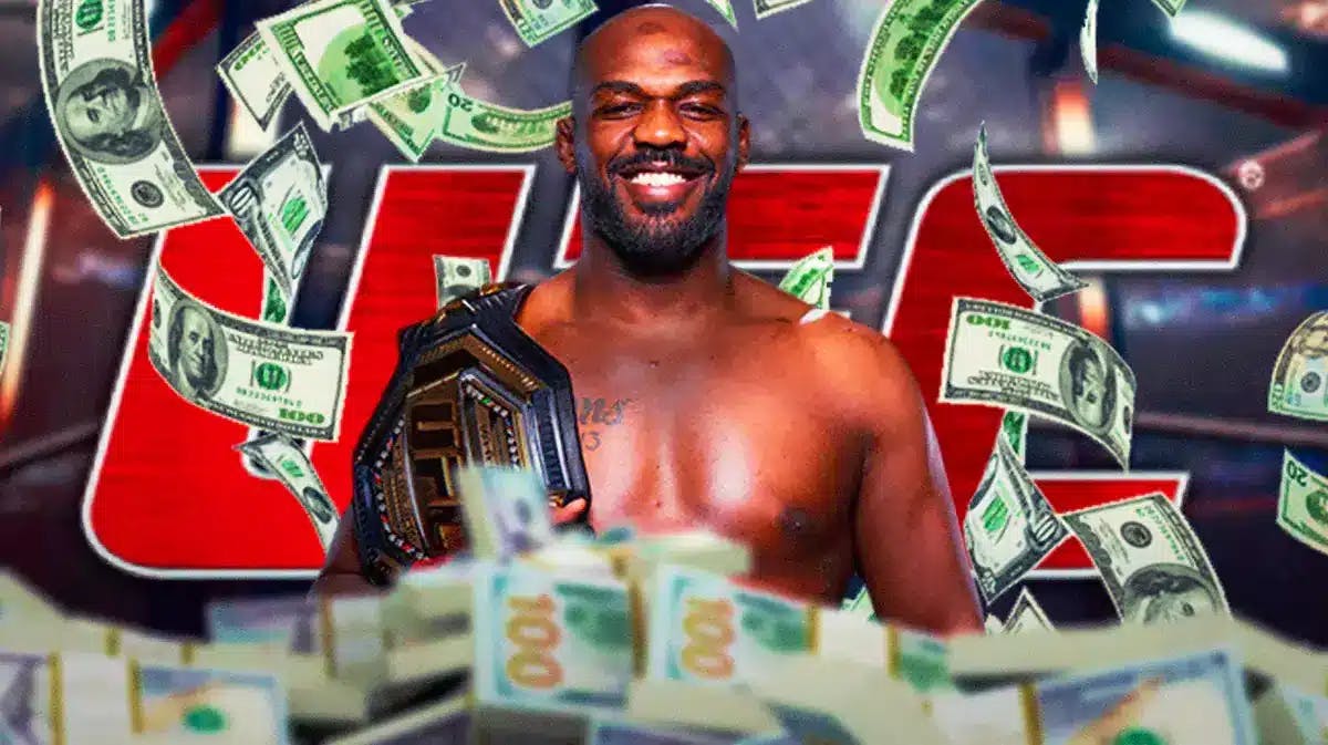 Jon Jones in front of the UFC 300 logo, money falling from the air around him