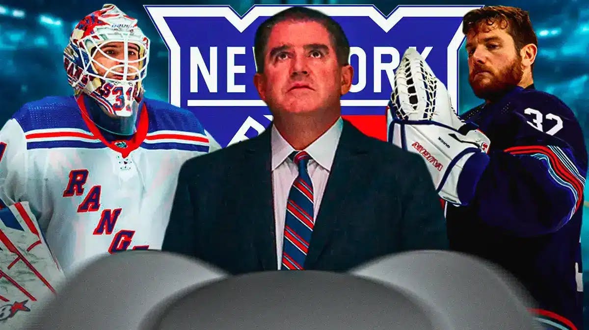 Igor Shesterkin and Jonathan Quick on either side, Peter Laviolette in middle, NY Rangers logo, hockey rink in background