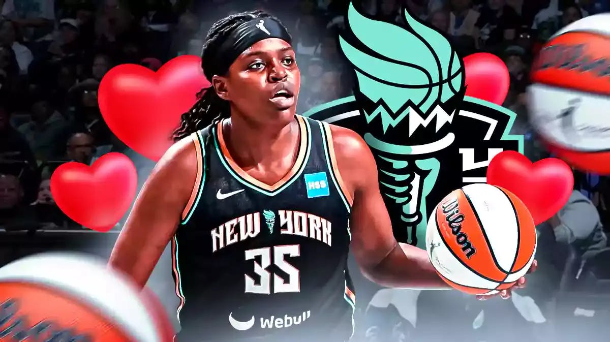 New York Liberty player Jonquel Jones with the New York Liberty logo and hearts