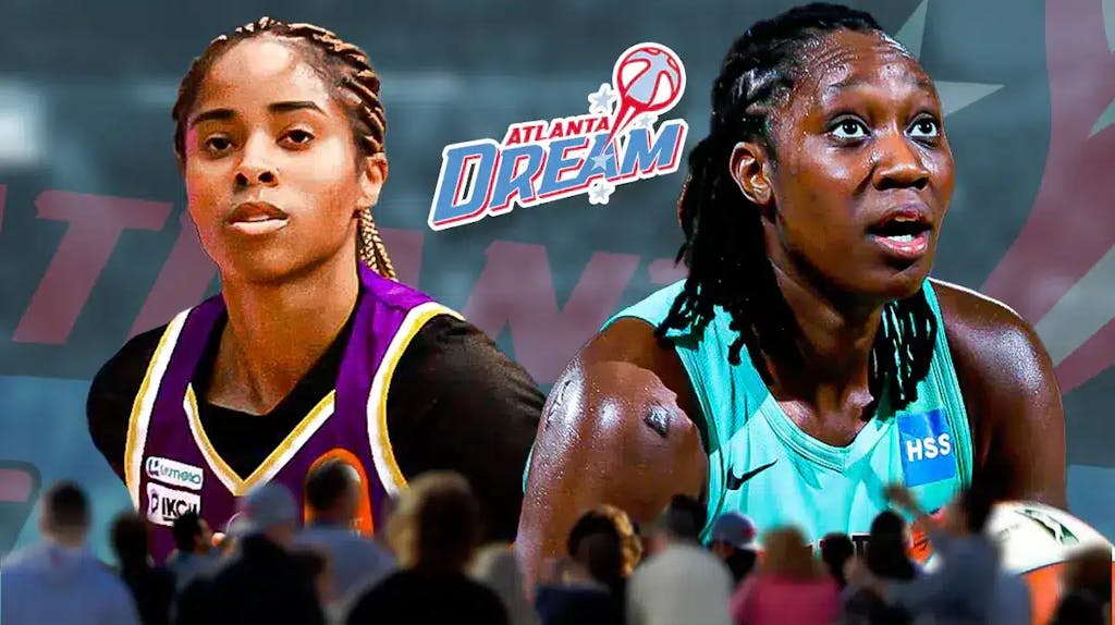WNBA players Jordin Canada and Tina Charles in front of the Atlanta Dream logo