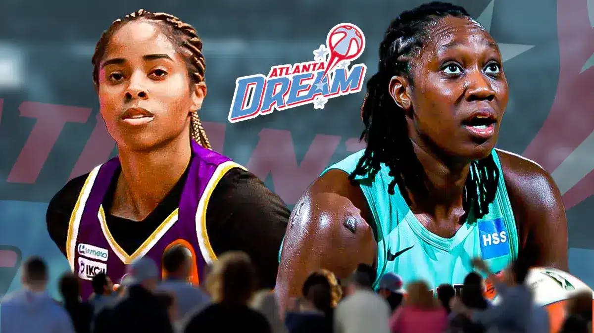 WNBA players Jordin Canada and Tina Charles in front of the Atlanta Dream logo