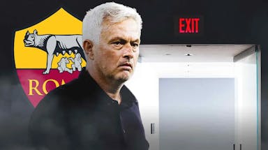 Jose Mourinho in front of the AS Roma logo with an exit door on the side