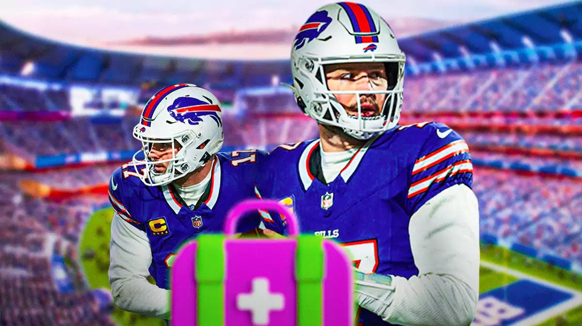 Bills quarterback Josh Allen playing, with medical bag in front of him.