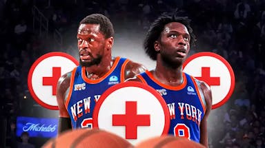 Knicks' Julius Randle and OG Anunoby with injury symbols