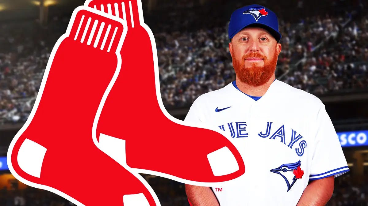 Red Sox logo on the left, with Blue Jays player Justin Turner on the right.