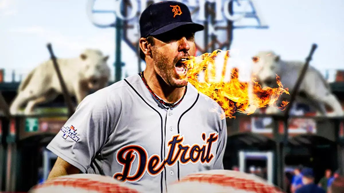 Justin Verlander in a Detroit Tigers uniform breathing fire