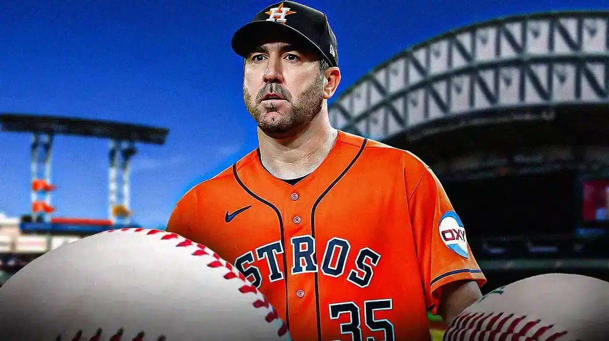 Astros' Justin Verlander looking serious in front of image with Minute Maid Park background.