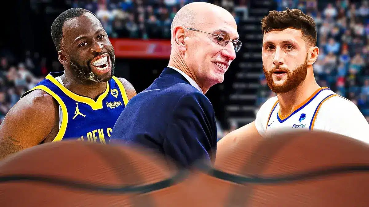 Warriors Draymond Green with Suns Jusuf Nurkic and Adam Silver